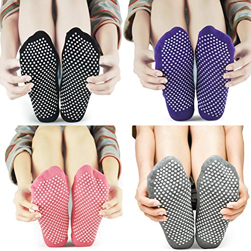 Non-Slip Grip Socks for Women - 4 Pack in Black, Grey, Purple, Red