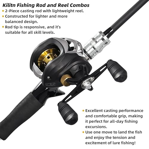 Kilitn 6ft Baitcasting Rod & Reel Combo - 2-Piece Fiberglass with EVA Handle, Right Hand 6 ft