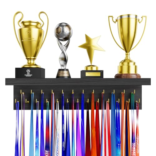 Wooden Medal Display Rack with 25 Steel Hooks - Trophy Shelf Organizer