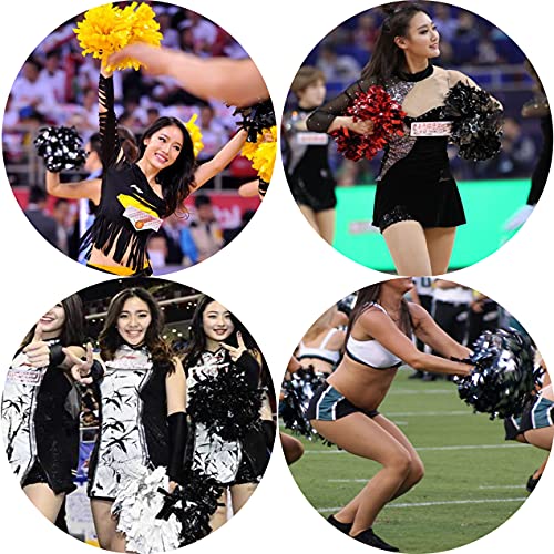 Black 16PCS Cheerleading Pom Poms Metallic Foil with Baton Handle for Sports & Dance