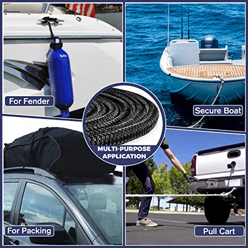 ACY Marine Double Braided Nylon Dock Line 1/2-Inch x 15 Feet Black - Reinforced Boat Rope for Mooring