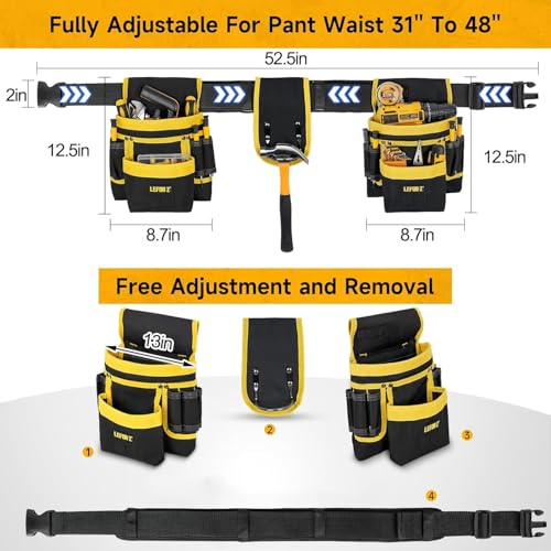 Tool Belt,Magnetic Tool Pouch,27-Pockets Heavy Duty Padded Tool Belts for Men,Detachable & Adjustable Tool Pouch Bag for Electrician,Carpenter,Construction,Work Apron,Utility Belt,Black,Yellow