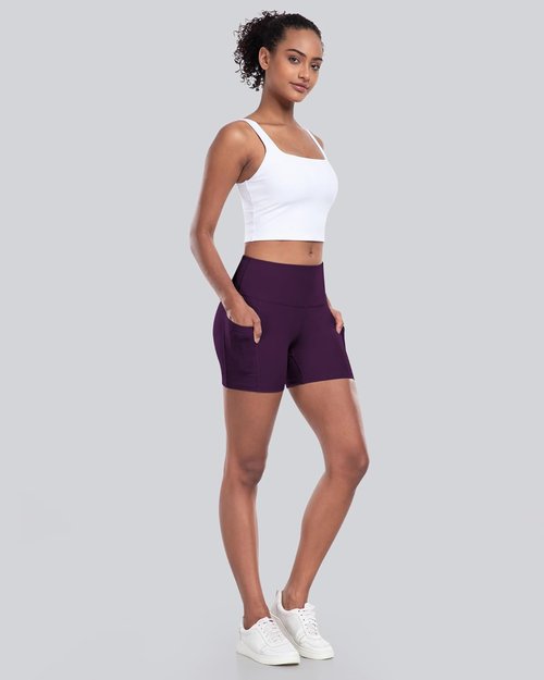 CHRLEISURE Women's High Waisted Biker Yoga Shorts - 5 Inch Tummy Control with Pocket