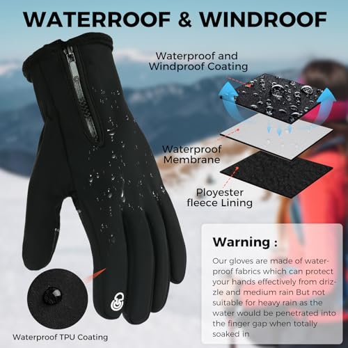 Winter Gloves for Men & Women - Zipper Touch Screen, Black, Medium