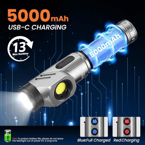 Yemao Rechargeable Tactical Flashlights 1600 High Lumens 2 Light Sources,6 Modes,90 Degree Rotating,Waterproof Working Light with Magnetic Base for Home Emergency,Outdoor,Camping,Shop