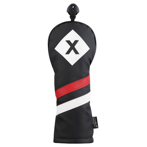 Majek Retro Golf Headcover Black Red and White Vintage Leather Style X Fairway Wood Head Cover Classic Look, Wheel Tag Includes Numbers 3 Through 7 Plus X