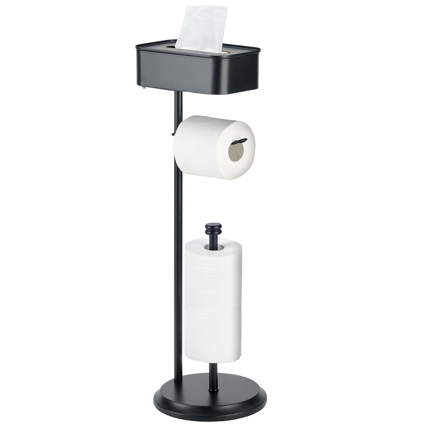 Toilet Paper Holder Stand Black, Free Standing Toilet Paper Holder with Shelf, Rustproof Toilet Paper Stand with Storage, Large Capacity Toilet Tissue Holder for Bathroom, Stainless Steel