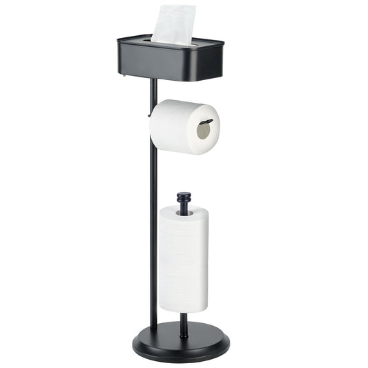 Toilet Paper Holder Stand Black, Free Standing Toilet Paper Holder with Shelf, Rustproof Toilet Paper Stand with Storage, Large Capacity Toilet Tissue Holder for Bathroom, Stainless Steel