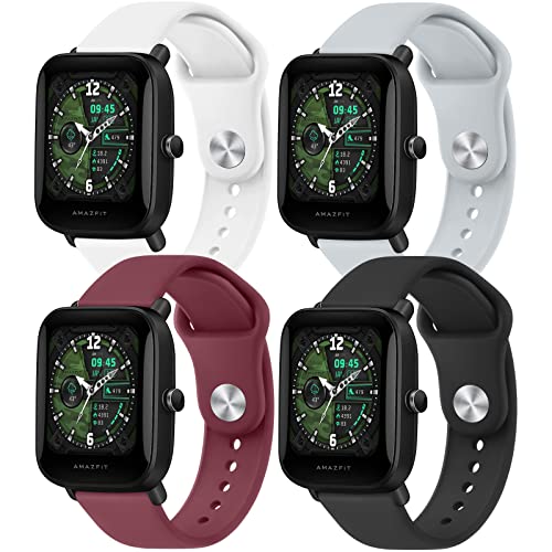 20mm Soft Silicone Sport Watch Bands for Amazfit GTS/GTR/Bip - 4 Pack Black, Wine Red, White, Gray
