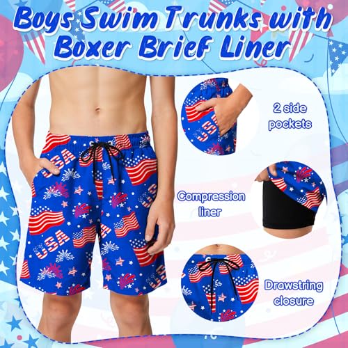 Boys Swim Trunks - Quick Dry Bathing Suit, Size 10-12 Years American Flag