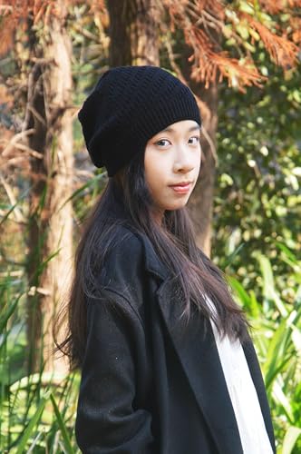 Lightweight Crochet Beanie Hat for Women - Black, Medium
