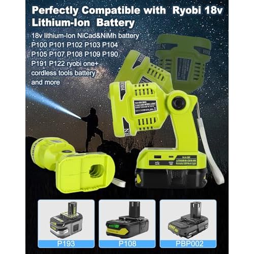 Cordless LED Flashlight for Ryobi 18V Battery, 22W LED Work Light with USB-A&USB-C 2.1A Fast Charging Ports for Jobsite, Car Repairing, Camping, Emergency(Battery not Included)