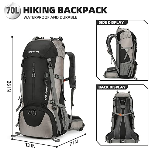 King'sGuard 70L Hiking Backpack with Rain Cover - Black, Lightweight Waterproof Large Capacity