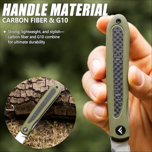 FLISSA Green Pocket Folding Knife with Quick Open Front Flipper, D2 Steel & Carbon G10 Handle