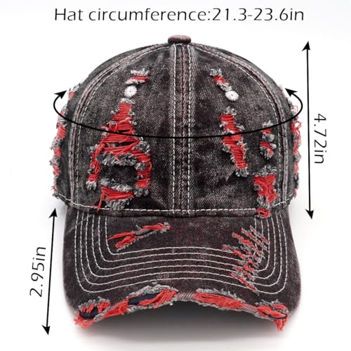 YeeHeen Red Distressed Washed Denim Baseball Cap - One Size Strapback