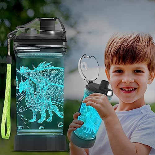 Ammonite Dragon Kids Water Bottle with 3D Glowing LED Light - 14 OZ BPA-Free Tritan, Travel Cup, Gift for Boys & Kids - Variation 2