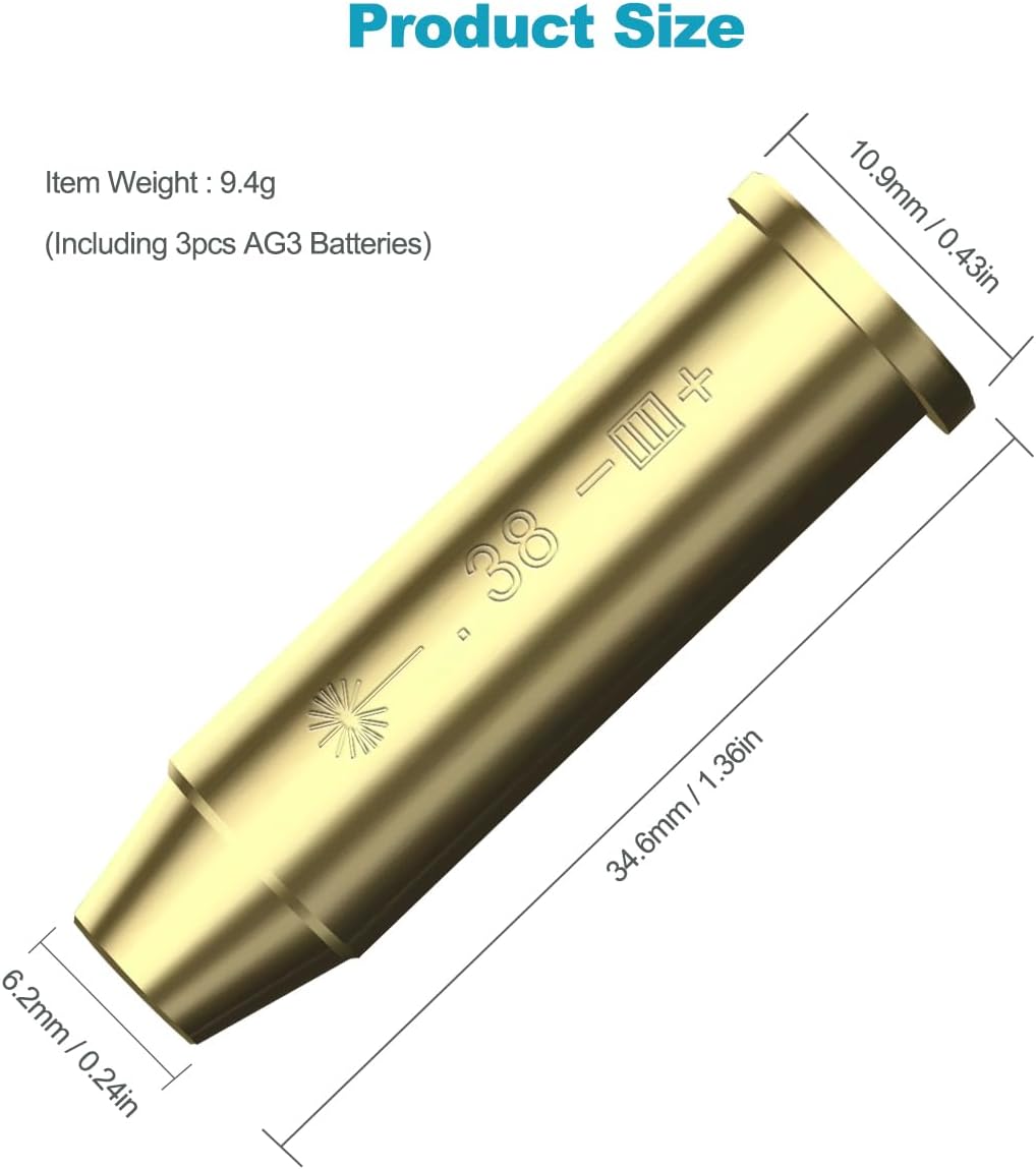 Red Dot Laser Boresighter - Precision Bore Sight for .38 Caliber | Includes 2 Sets of Batteries