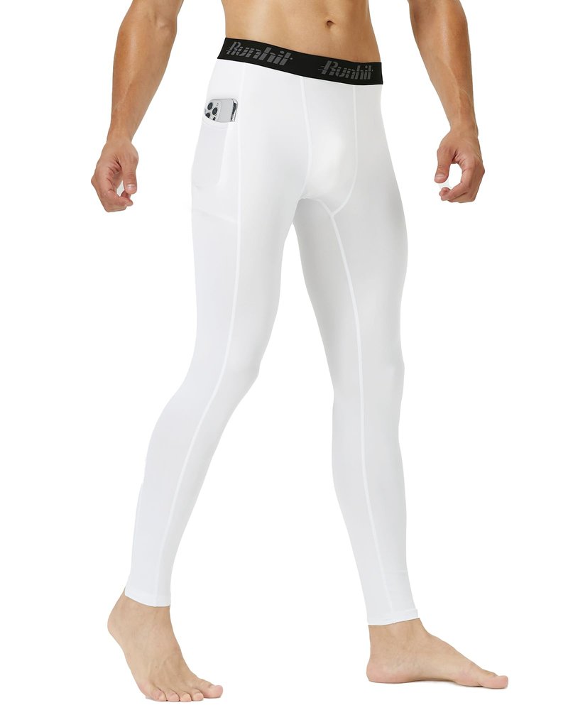 Runhit Mens Compression Pants Running Tights with Pockets Sports Leggings Spandex Workout Cycling Athletic Thermal (White,Medium)