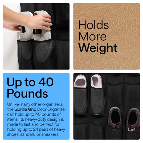 GORILLA GRIP Over-the-Door Shoe Organizer 24 Large Mesh Pockets Black 2 Pack with Hooks