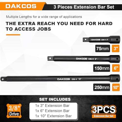 3 Pieces 3/8-Inch Drive Impact Extension Bar Set Includes 3 6 10 Inch Socket Extensions, Premium Chrome Vanadium Steel with Black Phosphate Finish