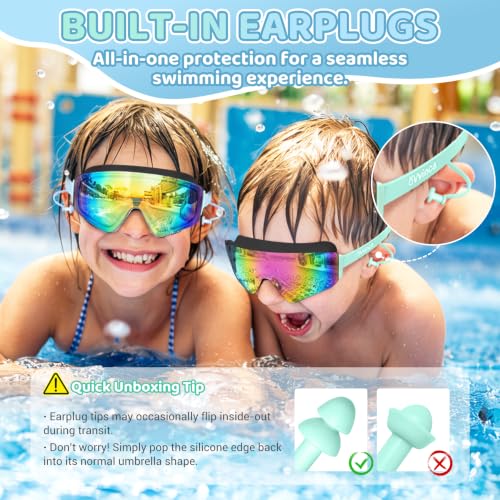 Vvinca Kids Swim Goggles 2 Pack Black & Blue + Black & Cyan with Earplugs, Wide View, Anti-Fog UV Protection, Adjustable Fit for Ages 3-14