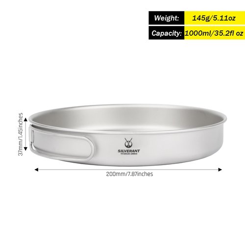 SILVERANT Camping Plate Titanium Pan Dish Plate with Handle & Mesh Bag, Large Reuseable Ultralight Dinner Plate for Camping Outdoors Backpacking (1000ML)