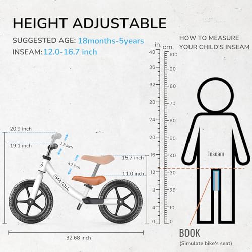 Umatoll White Toddler Balance Bike for 2-5 Years Old, Adjustable Kids Bike Gift