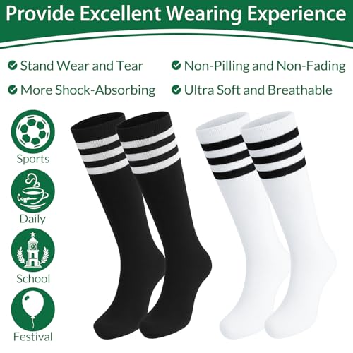 Kids Soccer Socks - Striped Knee High Athletic Socks - White & Black - Ages 6-9