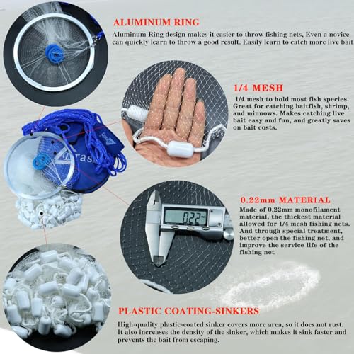 Drasry 5 ft Cast Net with Aluminum Ring, 1/4 Mesh, Heavy-Duty Sinker • Bait Shrimp Catch Net