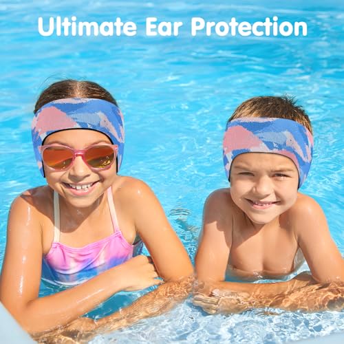 Kids Swim Headband - Neoprene Water Earplug Guard, Medium Tie-dye Blue