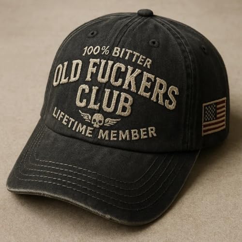 Vintage Baseball Cap with Hand Embroidery - Black, Old Fuckers Club Adjustable Hat
