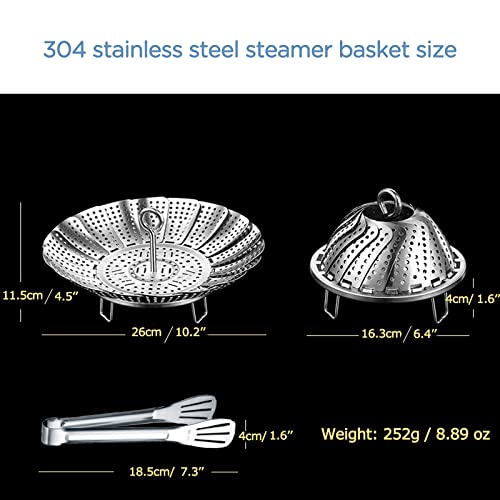 304 Stainless Steel Vegetable Steamer Basket Expandable for 6.4-10.2 Inch Pots with Tongs