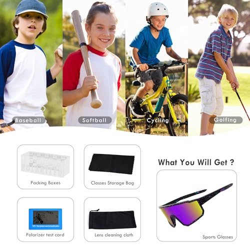 Kids Polarized Baseball Sunglasses - Lightweight TR90 Frame, Purple Lens