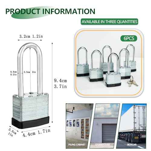 6 Keyed Alike Padlocks with 12 Keys, 40mm Heavy-Duty Padlocks with Same Keys Long Shackle Durable Hardened Steel for Gate Fence Toolbox School Gym(1.7 * 3.7inch)