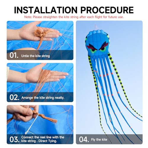 Blue Giant Octopus Kite 26ft for Adults Outdoor Fun Large 3D with Reel