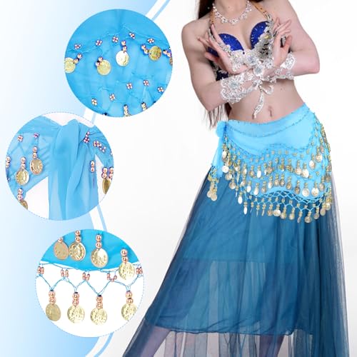Belly Dance Hip Scarf with Gold Coins - Lake Blue Chiffon Wrap