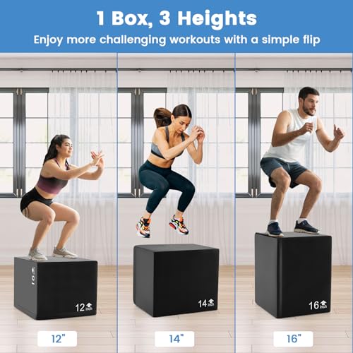 3 in 1 Foam Plyometric Jump Box - 16'' x 14'' x 12'' for Home Gym