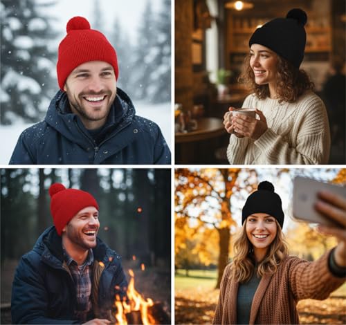 Winter Pom Beanie Hat Set - Red & Black Knit Caps for Men & Women