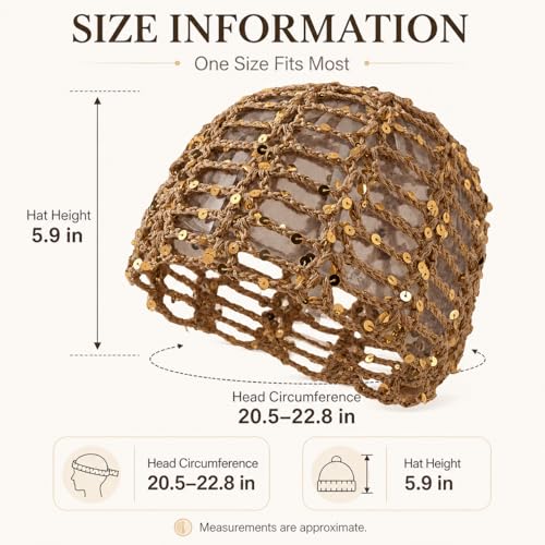 Women’s Sequin Crochet Beanie Hat - A-Khaki, Boho Style