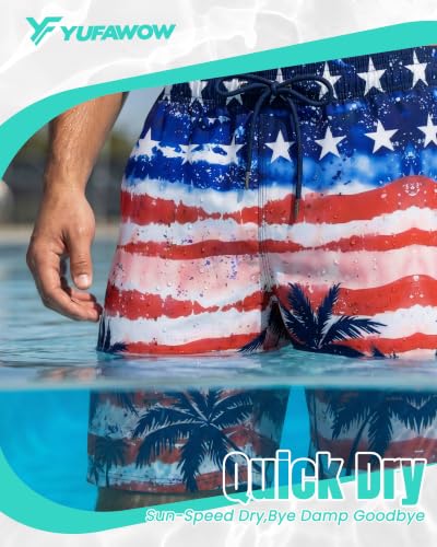 Yufawow Men's 9 Inch Navy Star Swim Trunks with Mesh Lining, Quick Dry Beach & Pool Shorts, Large