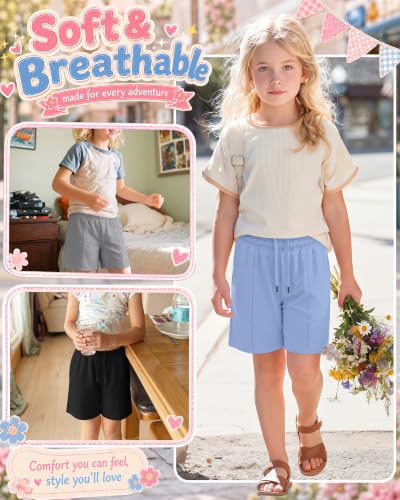 Bermuda Shorts for Girls - 3 Pack, 13-14 Years - Sky Blue, Light Mixed Gray, Black