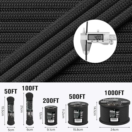550 lb Paracord Rope - 100ft Heavy Duty 7-Strand Survival Cord - Black