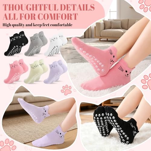 Cute Non-Slip Cat Pilates Ankle Socks for Women - 6 Pairs, One Size