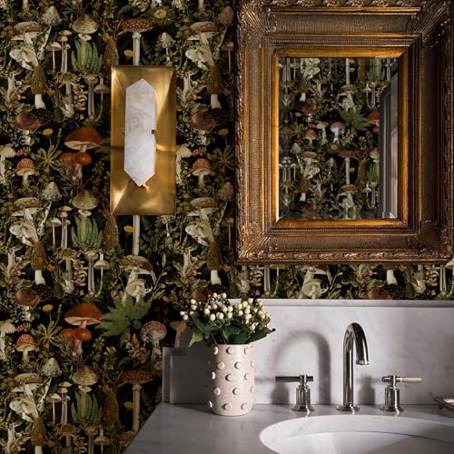 Jeweluck Floral Peel and Stick Wallpaper Mushroom Contact Paper 17.7 in x 24.2 ft Flower Removable Wallpaper Forest Peel and Stick Black Decorative Vinyl