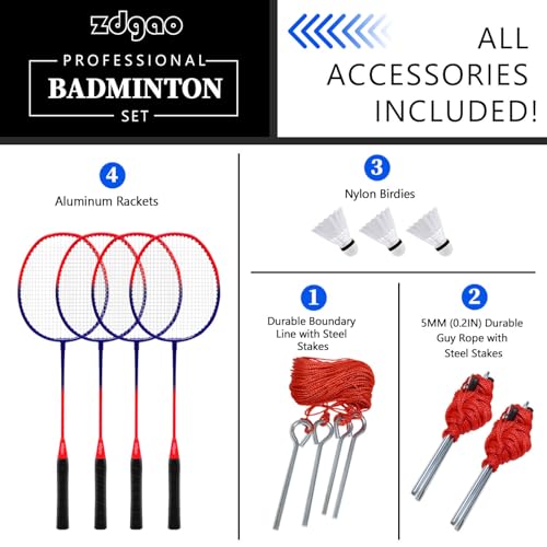 Complete Badminton Set with 20FT Net & Rackets - Red & Blue