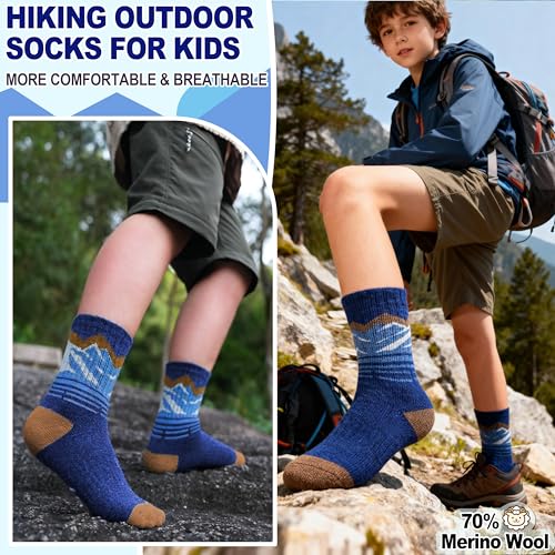 Kids Boys Merino Wool Thermal Hiking Socks 8-12 Years, Mountain Series, 6 Pairs