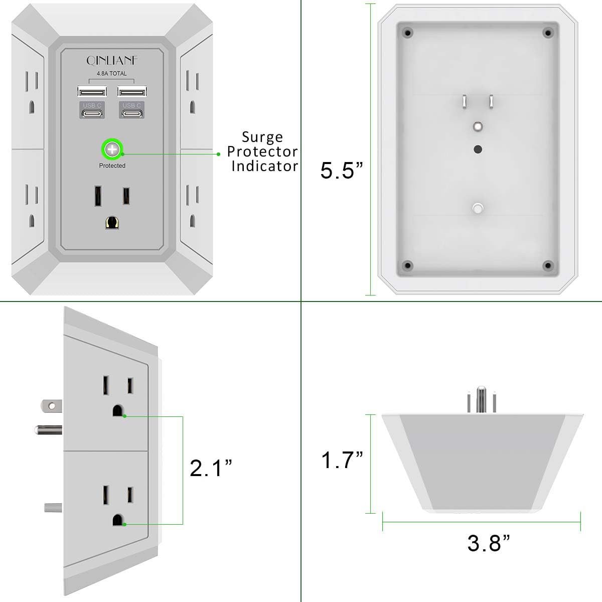 USB Wall Charger, Surge Protector, QINLIANF 5 Outlet Extender with 4 USB Charging Ports (4.8A Total) 3-Sided 1680J Power Strip Multi Plug Outlets Wall Adapter Spaced for Home Travel Office(3U1C),Grey