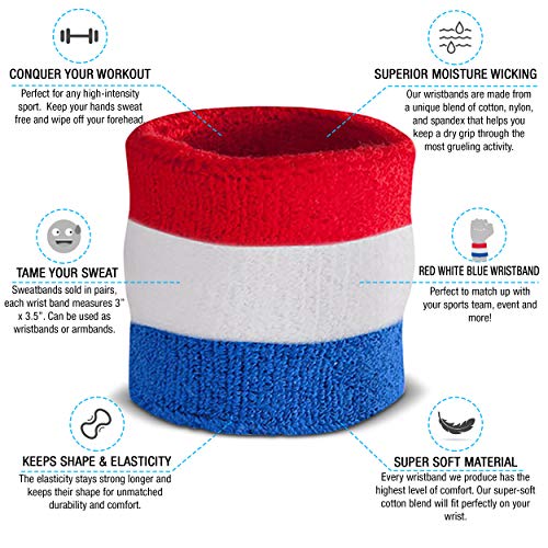 Athletic Sweatband Set - Moisture Wicking Headband & Wristbands, Red White and Blue