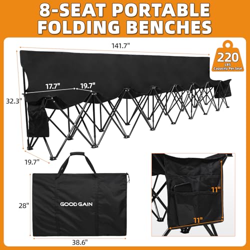 Portable Soccer Bench - 8 Seats with Backrest & Storage - Black