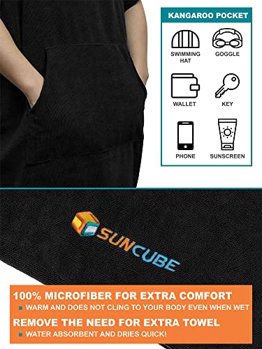 SUN CUBE Black Surf Poncho Changing Robe with Hood – Hooded Towel for Wetsuit Changing